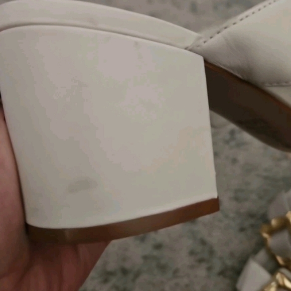 Schutz Womens Ivory Enola Mid Block Sandal With Gold Buckle 10 - Picture 14 of 14